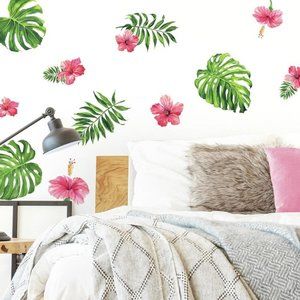 Tropical Hibiscus Flower Peel & Stick Wall Decal Foliage Sticker Home Room Decor